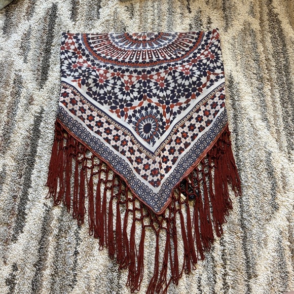 Tops - Boho Fringe Triangle Scarf with Red, Navy & Cream Pattern